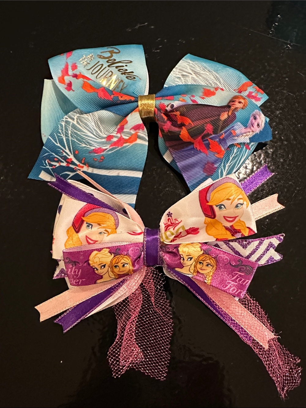 2 Elsa Frozen Character large Hair Bows - Blue & Purple/Pink new